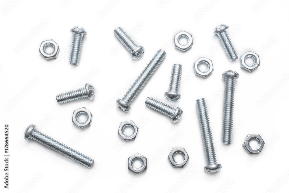 Macro Of A Small Collection Of Iron Screws And Bolts In A Whitebox Macro Of A Small Collection Of Iron Screws And Bolts In A Whitebox