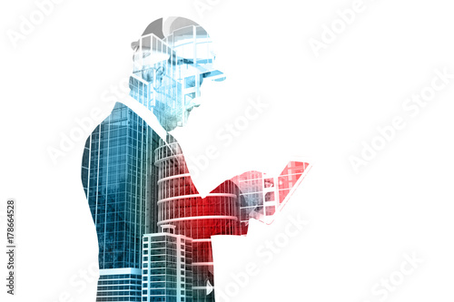 Double Exposure of Senior Executive Businessman in Suit with City Building Construction site