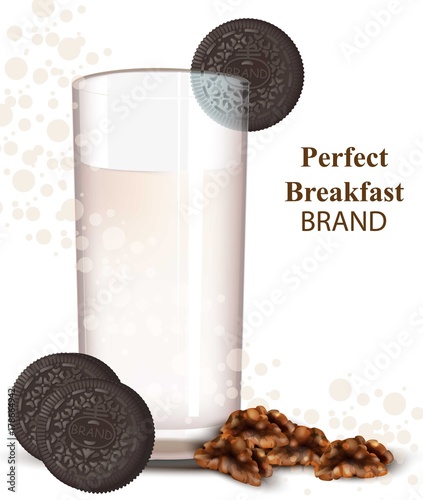 Glass of milkshake with chocolate cookies Vector