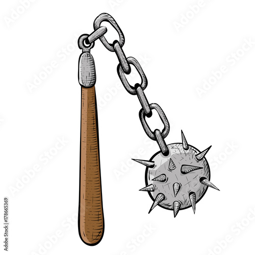 Flail. Medieval weapon - spiked metal ball with chain and wooden handle. Colored hand drawn sketch
