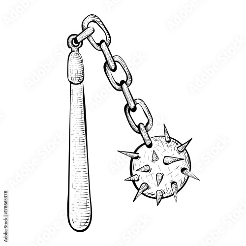 Flail. Medieval weapon - spiked metal ball with chain and wooden handle. Hand drawn sketch