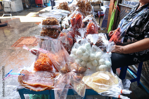 Photography Local vendor sell Dried sweeten pork, fish, shrimp and salted egg in packaging a