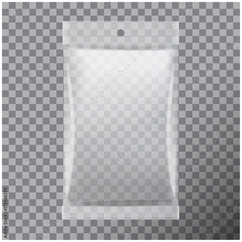 Transparent foil bag packaging for food, snack, coffee, cocoa, sweets, crackers, chips, nuts. Vector plastic pack mock up