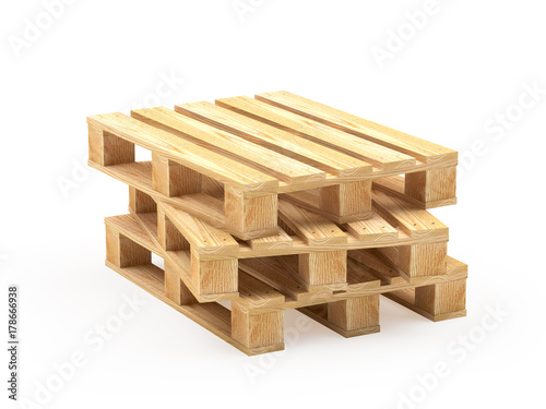 Wooden pallets stacked isolated on a white background. 3D illustration