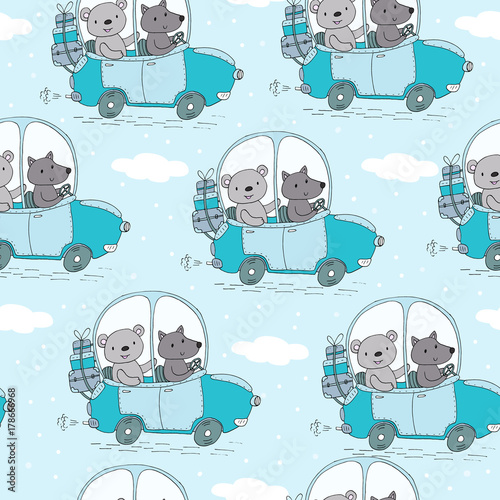 Tapety wzór z słodki Miś Teddi w ilustracji wektorowych samochodu