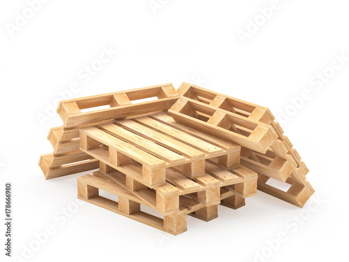 Pile of shipping wooden pallets isolated on a white background. 3D illustration