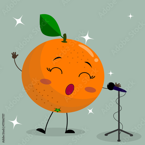 Сute orange Smiley in a cartoon style sings into the microphone.