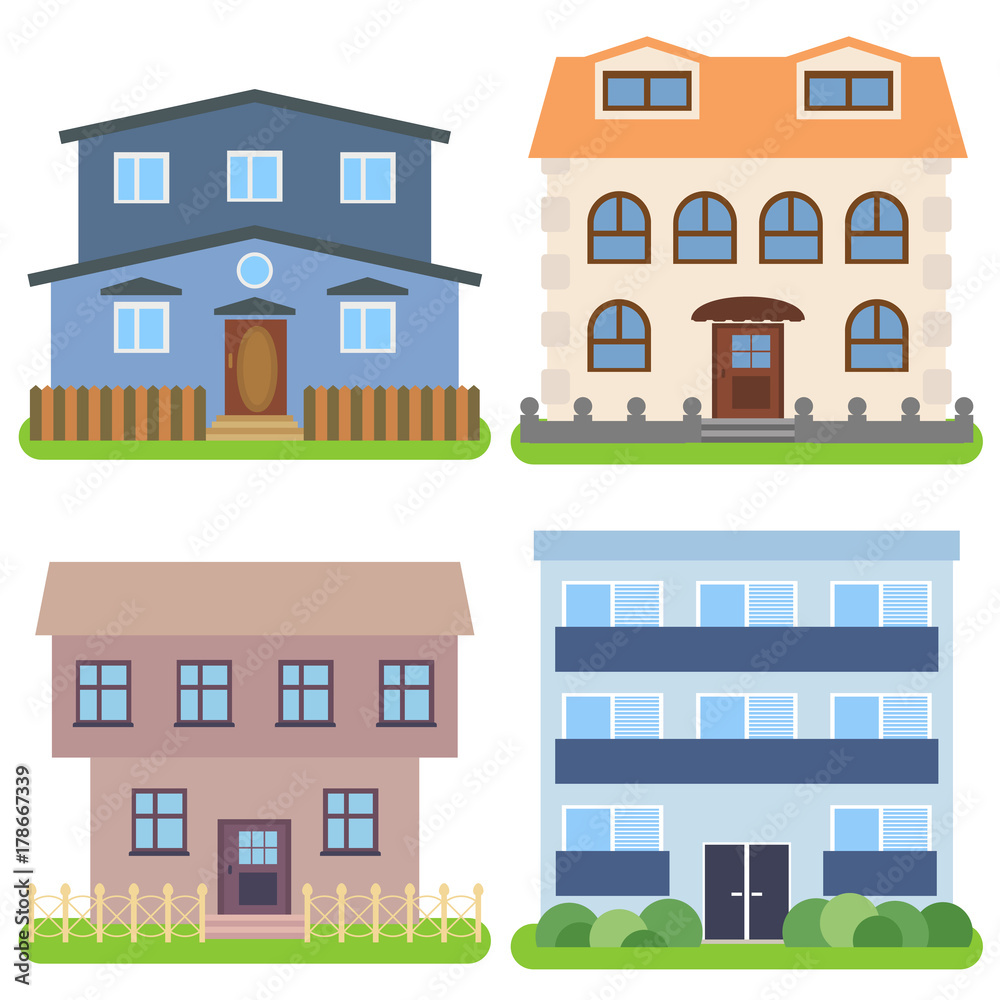 Set of four private houses on a white background. Vector illustration.
