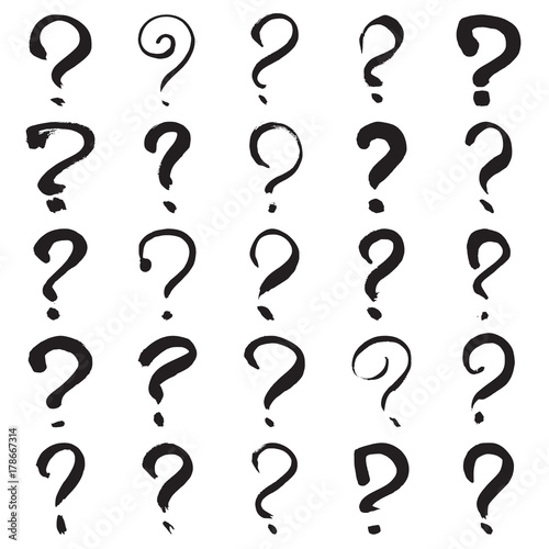 Question marks. Collection of 25 hand painted interrogation marks isolated on a white background. Vector illustration