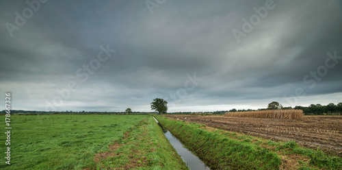 Ditch in dutch countryside landscape with cloudy sky