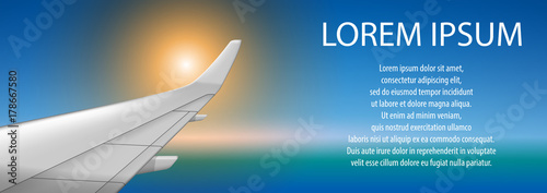 Banner of a plane wing on sunset. Brochure in tourism theme. Travel agency advertisement airplane poster design. Vector illustration