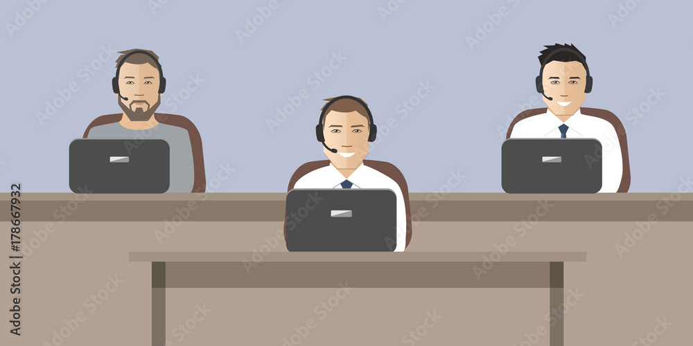 Web banner of call center workers. Technical support service. Young men in headphones sitting at the table. It can be used for websites. Vector illustration. Web banner of call center workers. Technical support service. Young men in headphones sitting at the table. It can be used for websites. Vector illustration.