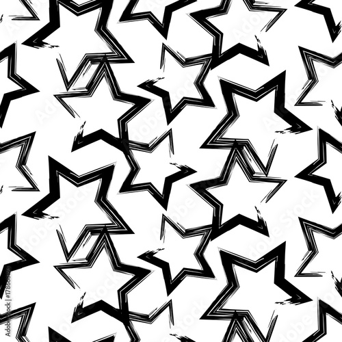 Seamless vector background with decorative stars. Black-and-white brushwork. Scratches texture. Textile rapport.