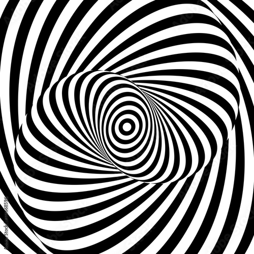 Monochrome hypnotic psychedelic spiral. Modern vector illustration with optical illusion. Twisted striped round shape. Magical decorative background. Element of design.