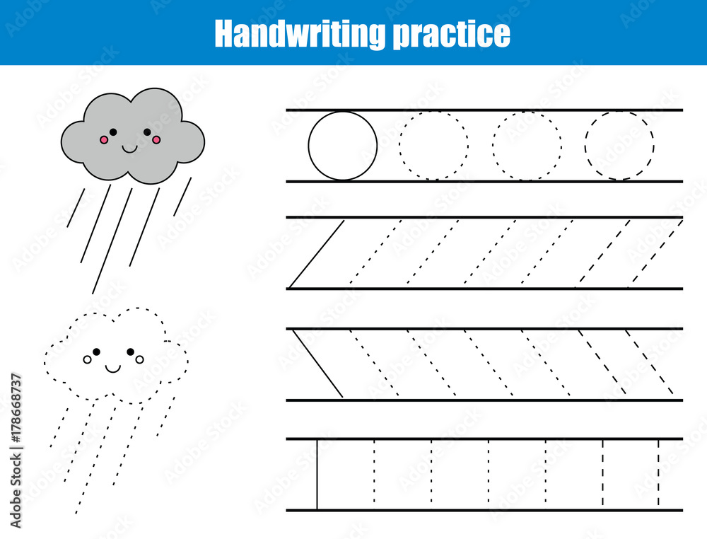 Handwriting practice sheet. Educational children game, printable worksheet  for kids. Writing training printable worksheet. Circles and lines Stock  Vector
