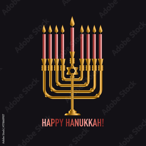 Bronze Hanukkah menorah with burning candles. Holiday greeting card concept. Retro instagram style jewish traditional candleholder