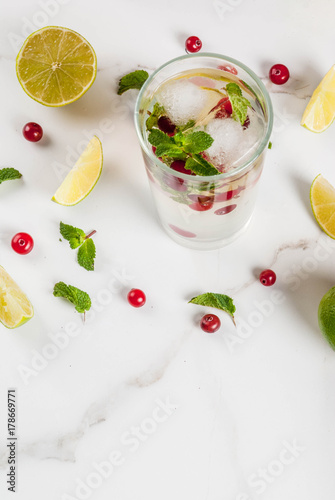 Fall and winter refreshment drink, cranberry mojito cocktail with lime and mint, on white table, copy space top view