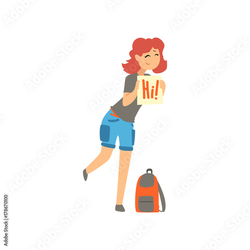 Cartoon traveler young woman hitchhiker holding banner, girl trying to stop a car on a highway, travelling by autostop vector Illustration