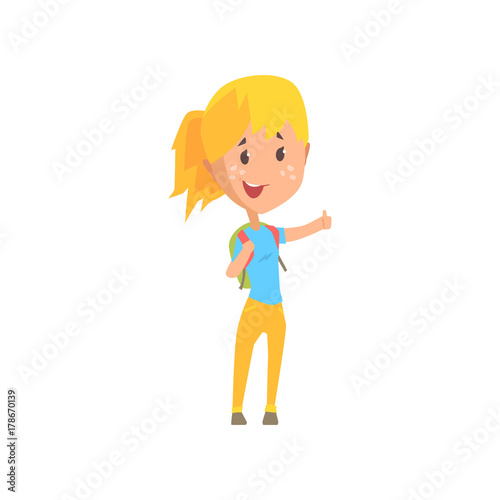 Girl hitchhiker traveling with backpack, man trying to stop a car on a highway by hand, travelling by autostop cartoon vector Illustration