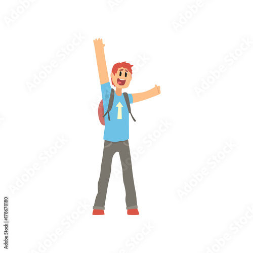 Young traveler man with backpack, hitchhiker man trying to stop a car on a highway by waving hands, travelling by autostop cartoon vector Illustration