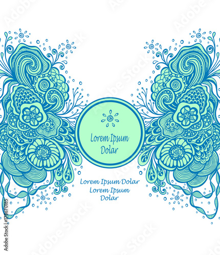Template with Beautiful abstract marine flowers bouquet in blue cyan on white
