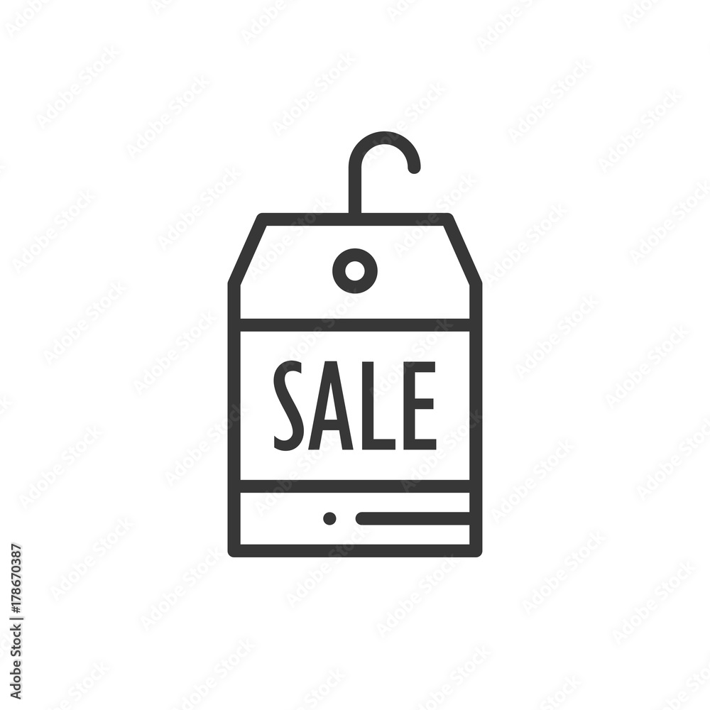 Sale price tag thin line icon. Seasonal discount badge sale design. Paper label, card. Vector simple flat linear design. Logo illustration. Sign symbols. Black friday sell-out. Shopping.