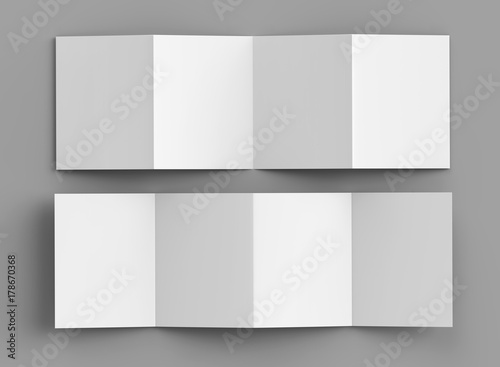Accordion fold brochure, eight pages four panel leaflet, concertina fold. blank white 3d render illustration. photo
