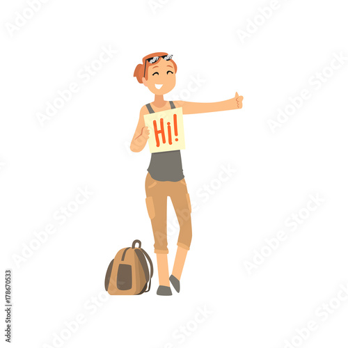 Cartoon traveler girl hitchhiker holding banner, woman trying to stop a car on a highway, travelling by autostop vector Illustration