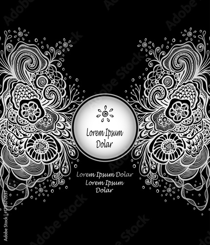 Template with Beautiful abstract marine flowers bouquet in silver on black