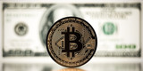 Bitcoin coin on hundred dollars background