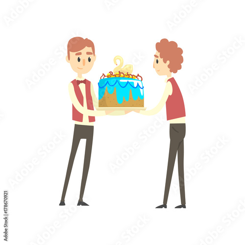 Two male waiter holding festive cake with swan cartoon vector Illustration