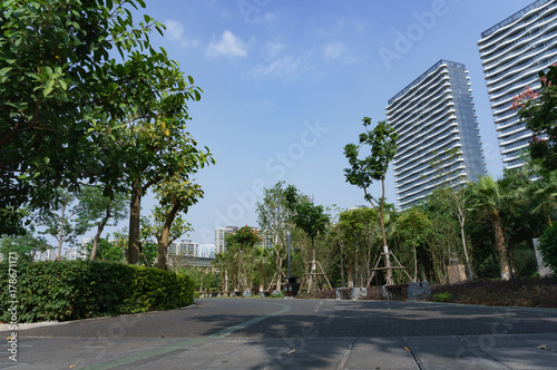 Empty road, modern office buildings