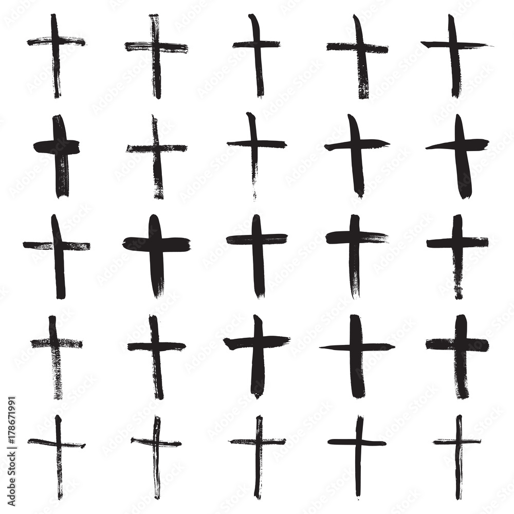 Christian crosses. Collection of 25 hand painted black symbols isolated on a white background. Vector illustration
