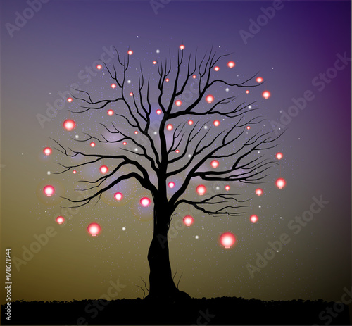 single fairy tree with red lanterns and sparkles, tree and fireflies in the evening, © fona
