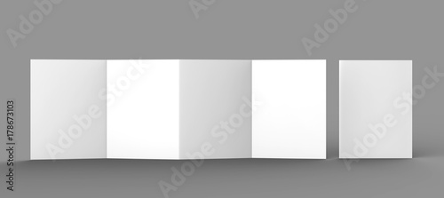 Accordion fold brochure, eight pages four panel leaflet, concertina fold. blank white 3d render illustration.