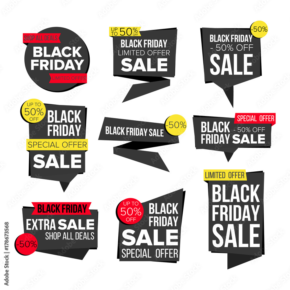 Black Friday Sale Banner Set Vector. Website Stickers, Black Web Page Design. Up To 50 Percent Off Friday Badges. Isolated Illustration