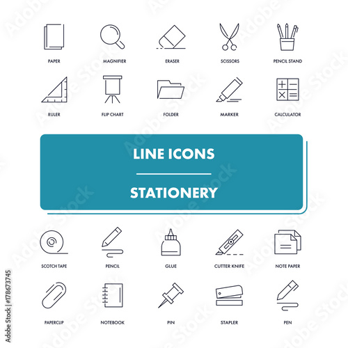 Line icons set. Stationery 