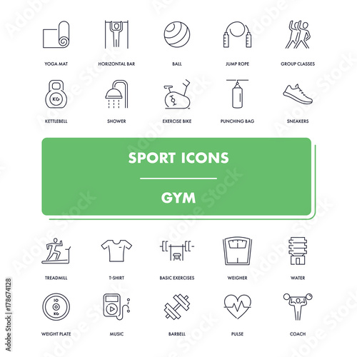 Line sport icons set. Gym 