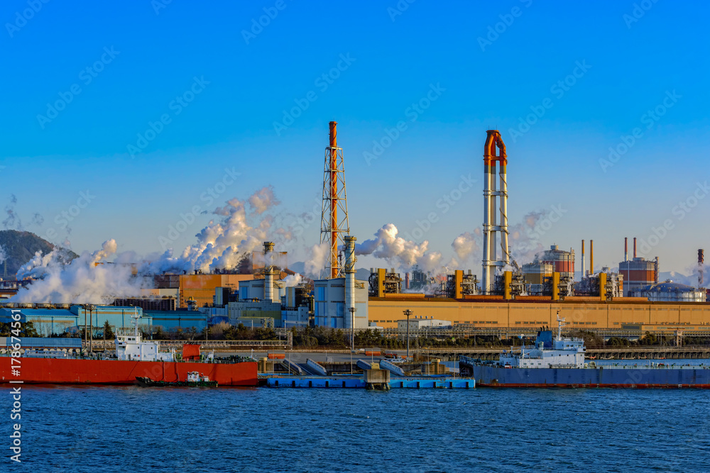 Industrial landscape on South Korea coastline.