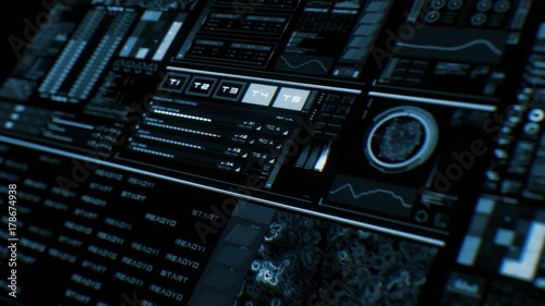 Perspective view of deep blue futuristic interface/Digital screen/Detailed abstract background. Blinking and switching indicators of command center computer,processing data, AI.