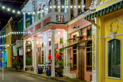 Small street in old town in Phuket town at evening, Thailand