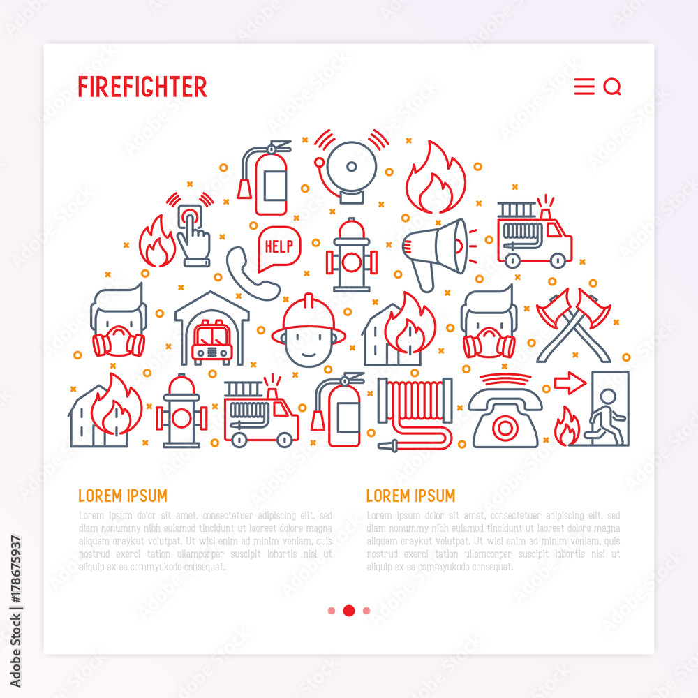 Firefighter concept in half circle with thin line icons: fire, extinguisher, axes, hose, hydrant. Modern vector illustration for banner, web page, print media with place for text.