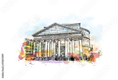Watercolor sketch with color splash of Pantheon Rome, Italy in vector illustration.