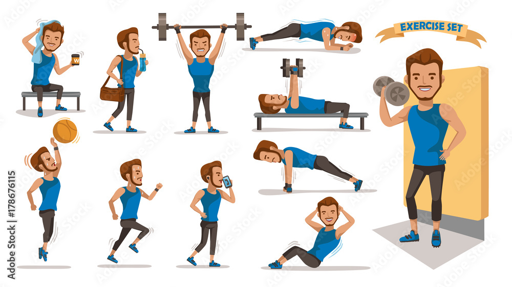Exercise man Health male are exercising character design set. Handsome  Full Body cartoon set. Isolated on white background. vector illustration