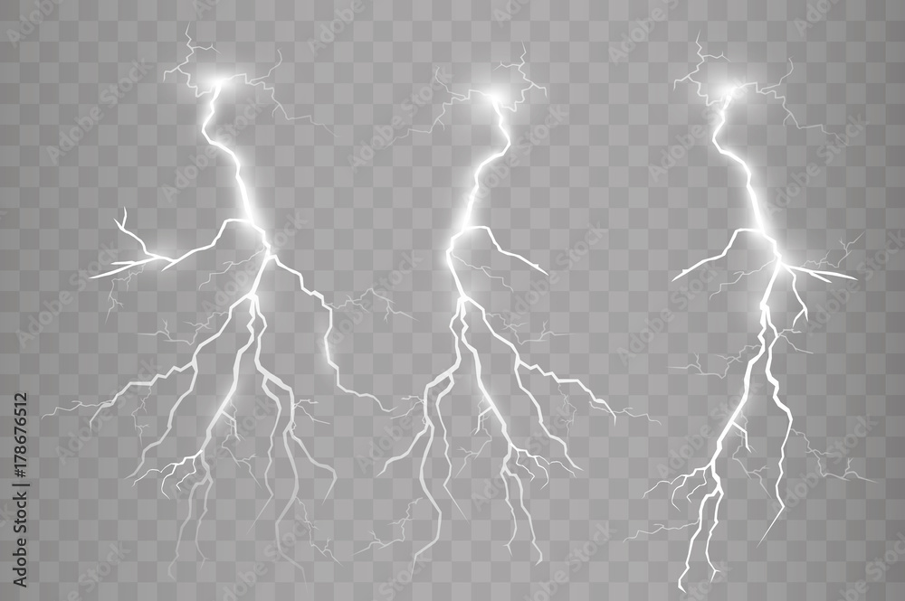 Set of lightnings. Thunder-storm and lightnings. Magic and bright lighting effects. Vector Illustration