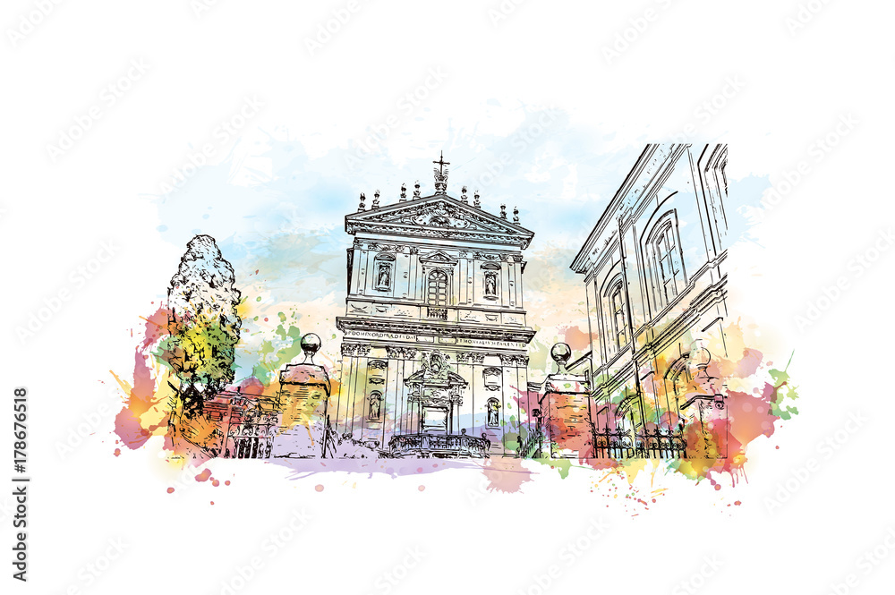 Vecteur Stock Watercolor sketch with color splash of The Church of ...