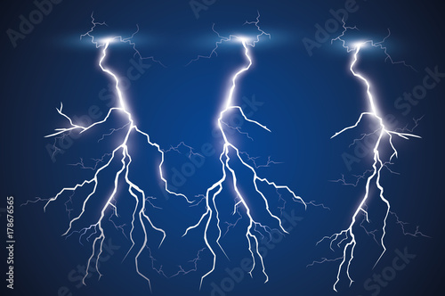 Set of lightnings. Thunder-storm and lightnings. Magic and bright lighting effects. 