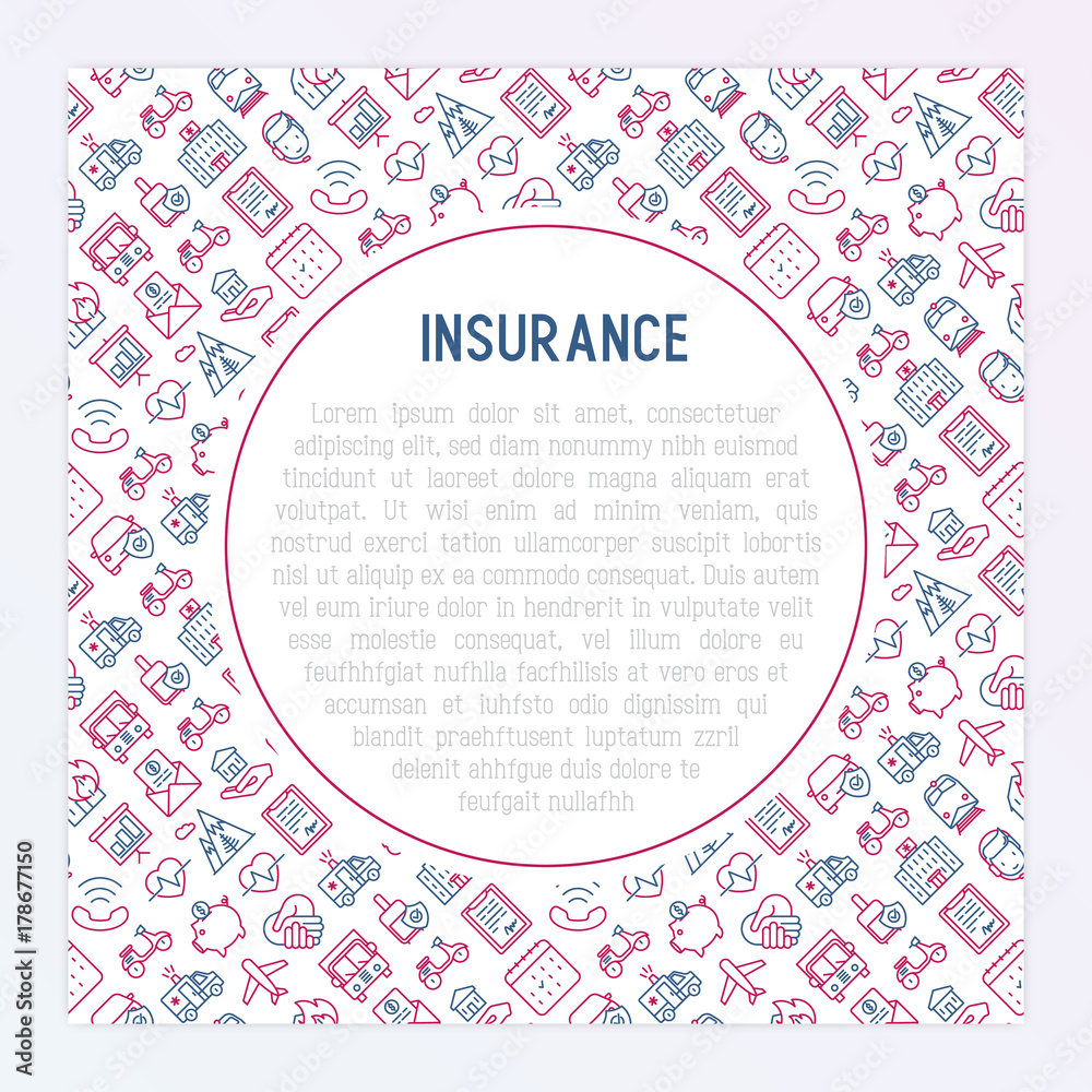 Insurance concept with thin line icons: health, life, car, house, savings. Modern vector illustration for banner, web page, print media with place for text inside.
