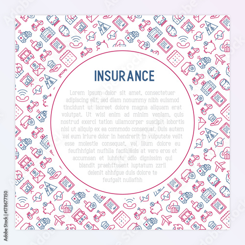 Insurance concept with thin line icons: health, life, car, house, savings. Modern vector illustration for banner, web page, print media with place for text inside.