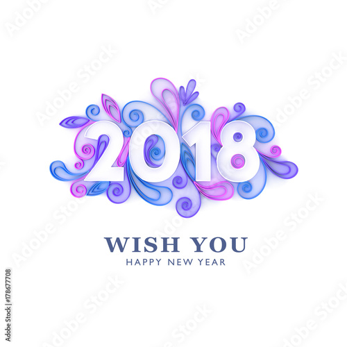 2018 paper art. Vector happy new year banner design, 3D quilling artwork on white background.